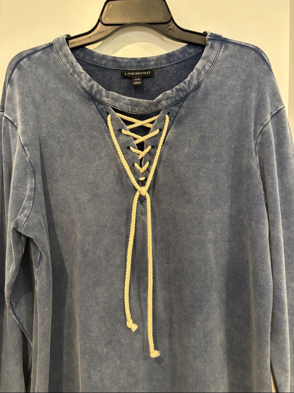 Lane Bryant Washed Blue Lace-Up Long Sleeve Pullover - Picture 3 of 6